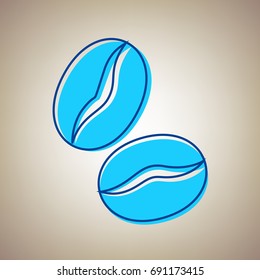 Coffee beans sign. Vector. Sky blue icon with blue contour on beige background.