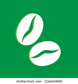 Coffee beans sign. Vector. White flat icon with yellow striped shadow at green background.