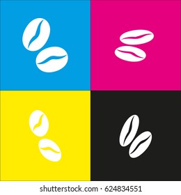 Coffee beans sign. Vector. White icon with isometric projections on cyan, magenta, yellow and black backgrounds.
