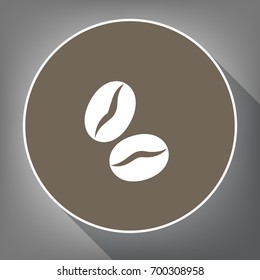 Coffee beans sign. Vector. White icon on brown circle with white contour and long shadow at gray background. Like top view on postament.