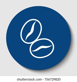 Coffee beans sign. Vector. White contour icon in dark cerulean circle at white background. Isolated.