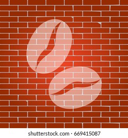 Coffee beans sign. Vector. Whitish icon on brick wall as background.