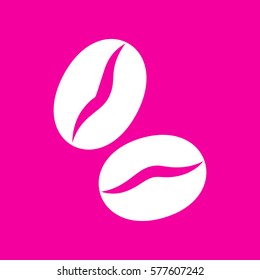 Coffee beans sign. White icon at magenta background.