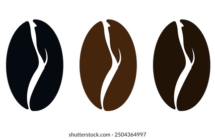 Granos de café. Silueta de granos de café de 3 grados de tostado. Vector blanco y negro. Ilustración de café simple	