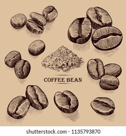 
Coffee beans sketches collection.Varied coffee beans and ground coffee.  Hand-drawn 
illustration in vintage style.Isolated design elements.
