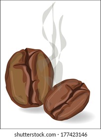 Coffee beans with smoke on a white background