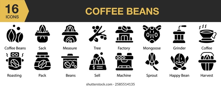 Coffee Beans solid icon set. Includes coffee, caffeine, brown, roasted, espresso, and More. Solid icons vector collection.