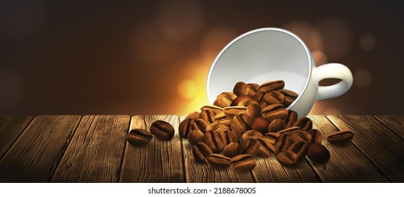 Coffee beans spill out of a white cup on a wooden table. Highly realistic illustration.