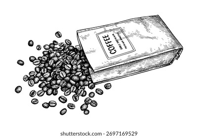 Grãos de café derramados do saco. Esboço de tinta isolado. Desenhado à mão vintage gravura ilustração.