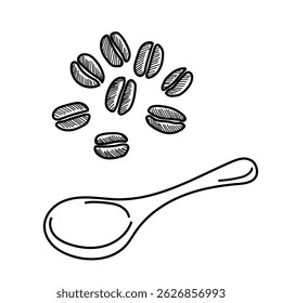 Coffee beans and spoon line drawing illustration