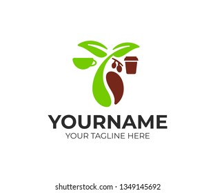 Coffee beans, sprout, leaves with fruits, cup and paper cup, logo design. Food, drink, hot beverage and coffee house, vector design and illustration