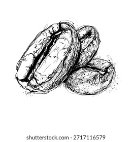 Los granos de café se apilan juntos sobre un fondo liso. El dibujo destaca sus Formas distintas y texturas naturales. El diseño es en blanco y negro con líneas finas.