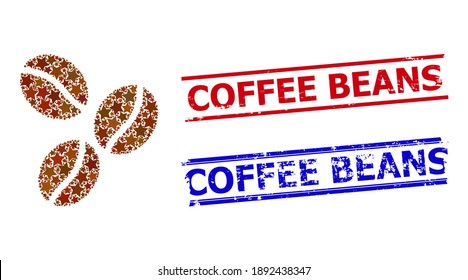Coffee beans star mosaic and grunge Coffee Beans seal stamps. Red and blue stamps with rubber style and Coffee Beans text. Abstract coffee beans mosaic is done from random flat star icons.