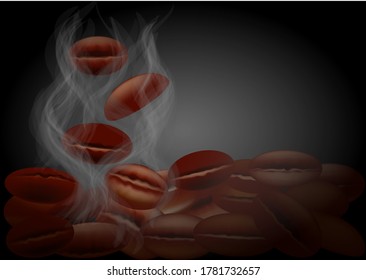 coffee beans and coffee steam on a dark background