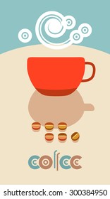Coffee beans, steam over cup. Flyer, banner, menu cover design. 60s flat style. Wording for logo