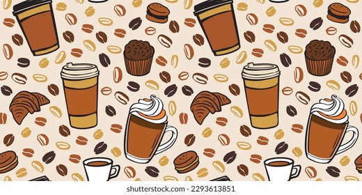 Coffee beans, sweets and cup coffee away seamless pattern. Vector hand drawn illustration in brown color on dark background. Pattern for package, wallpaper, wrapping paper, menu or textile design.