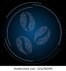 The coffee beans symbol filled with white dots. Pointillism style. Some dots is pink. Vector illustration on blue background with stars