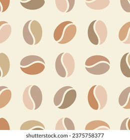 Coffee beans symbol geometric grid, cute colourful seamless pattern. Pastel beige caramel colour palette. White cream background. Vector illustration