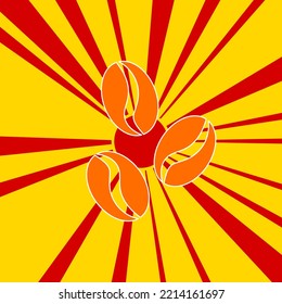 Símbolo de café en un fondo de líneas radiales de explosión de flash rojo. El gran símbolo naranja se encuentra en el centro del sol, simbolizando la salida del sol. Ilustración del vector sobre fondo amarillo