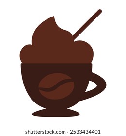 Сup, coffee beans symbol in solid cartoon style. Coffee-themed event, a cafe menu element, a coffee shop. Latte, Espresso, Americano, Cappuccino, Flat, Mocha, Irish, Turkish Coffee Symbol