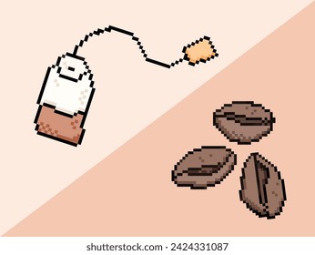 Coffee beans and tea bag. Pixel bit retro game styled vector illustration drawing set collection bundle group. Simple flat cartoon drawing isolated on horizontal background.