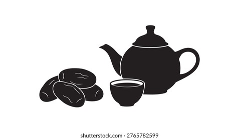 Coffee beans, teapot and cup, black silhouette, still life, morning drink