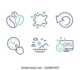 Coffee beans, Time management and Dirty spot line icons set. Sea mountains, Recovery data and Smile signs. Roasted seeds, Office clock, Laundry service. Summer travel. Business set. Vector