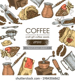 Kaffeebohnen. Kaffeemaschinen und -ausrüstung, Handwerk, Geschenk. Handgezeichnet und Vektorgrafik.