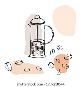 Coffee beans and traditional pot. Hand drawn line art sketch. Black and white vector illustration on colourful blobs background