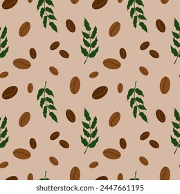 Coffee beans and coffee tree branch seamless pattern. Hand drawn Arabica plant, repeating background flat vector illustration. Texture rapport for textile, print, wrapping, card, template, paper
