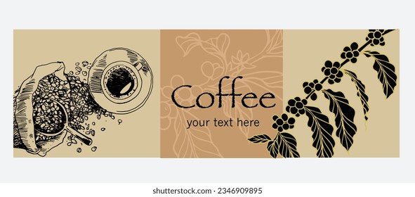 coffee beans and tree of ink sketch illustration for banner, poster, packaging, flyer, brochure, card, advertising, promotion.