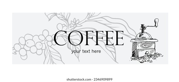 coffee beans and tree of ink sketch illustration for banner, poster, packaging, flyer, brochure, card, advertising, promotion.
