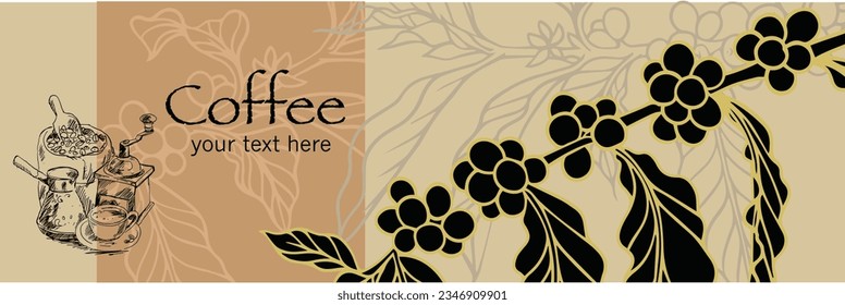 coffee beans and tree of ink sketch illustration for banner, poster, packaging, flyer, brochure, card, advertising, promotion.
