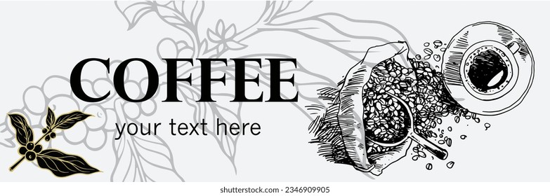 coffee beans and tree of ink sketch illustration for banner, poster, packaging, flyer, brochure, card, advertising, promotion.