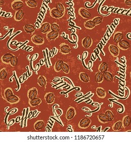 Coffee beans and typography written grunge vector seamless pattern