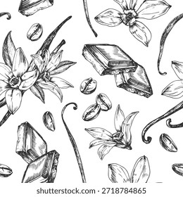 Granos de café, vainilla y Ilustración vectorial de rebanada de chocolate dibujados a mano en tinta. Un patrón con ilustraciones de sabores dulces. Una Plantilla para el diseño de etiquetas de postre. Ilustración vectorial