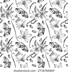 Granos de café, vainilla y Ilustración vectorial de rebanada de chocolate dibujados a mano en tinta. Un patrón con ilustraciones de sabores dulces. Una Plantilla para el diseño de etiquetas de postre. Ilustración vectorial