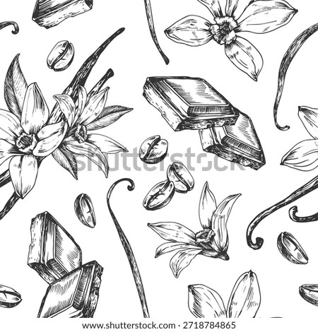 Coffee beans, vanilla and chocolate slice vector illustration hand-drawn in ink. A pattern featuring illustrations of sweet flavors. A template for dessert label design. Vector illustration