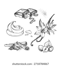 Grãos de café, baunilha, canela, avelã e chocolates fatias de ilustrações vetor, desenhado à mão em tinta. Objetos de design em preto-e-branco isolados no plano de fundo branco.