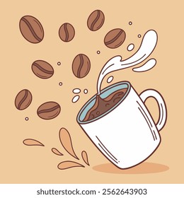 Coffee beans vector art with a cup of hot coffee and milk splash illustration,Stylized coffee cup with brown beans and milk pouring in a vibrant cartoon style