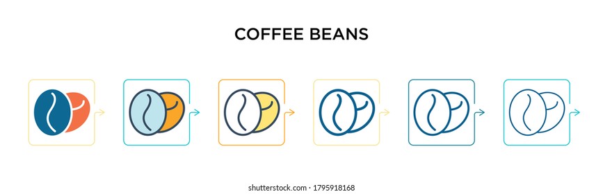 Coffee beans vector icon in 6 different modern styles. Black, two colored coffee beans icons designed in filled, outline, line and stroke style. Vector illustration can be used for web, mobile, ui