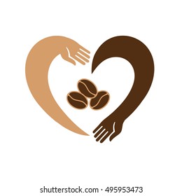 Coffee beans. Vector icon - a love for coffee. Hands in the shape of a heart embracing coffee beans
