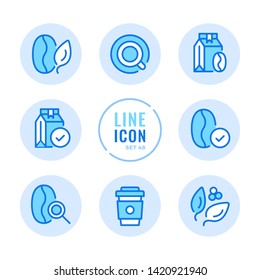 Coffee beans vector line icons set. Coffee packs, bags, quality control, disposable cup outline symbols. Thin line design. Modern simple stroke graphic elements. Round icons