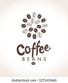 Coffee beans vector logo. Flat vector round template for coffee shop.
