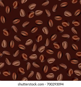 Coffee beans vector seamless pattern isolated on brown background
