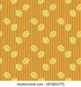 Coffee beans and vertical lines Vector seamless pattern, brown background