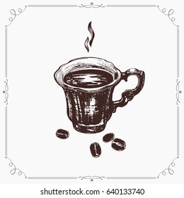 Coffee ?up with coffee beans. Vintage illustration. Vector image in engraving style