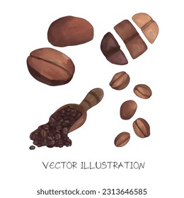 coffee beans and coffee watercolor vector illustration