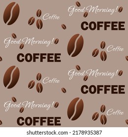 Coffee beans with white and brown lettering on soft brown background vector seamless pattern. Best for textile, home decor, wallpapers, wrapping paper, package and web design.
