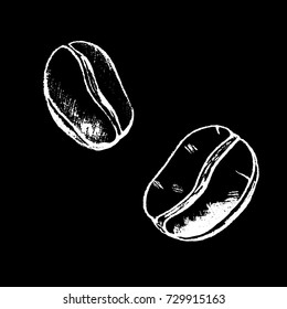 Coffee beans white chalk on black background. Roasted coffee beans vector illustration on blackboard. Aromatic coffee ingredient chalkboard drawing. Coffee bean icon. Hot beverage. Energy drink logo